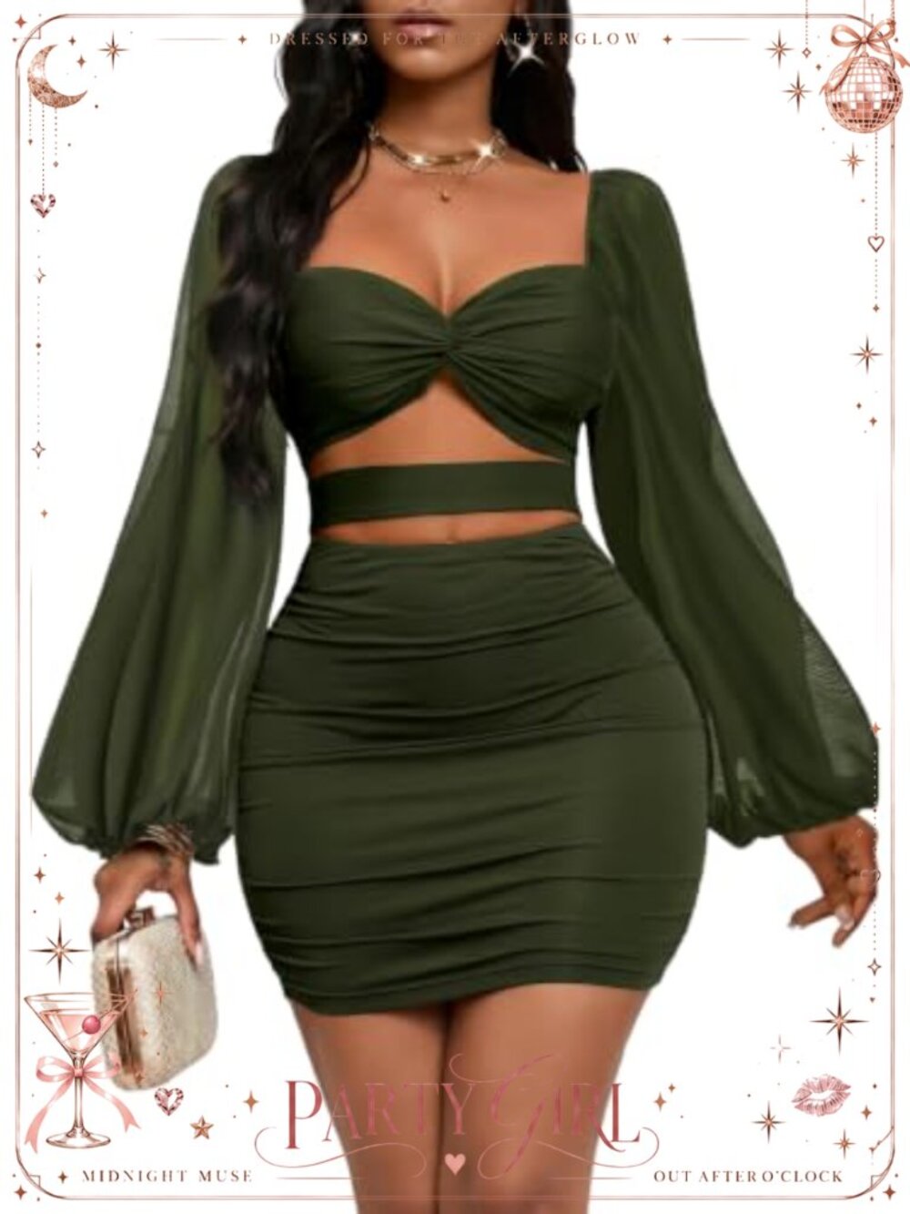 Women's Sexy Mesh Bodycon Cut Out Puff Sleeve Ruched Party Club Mini Dress